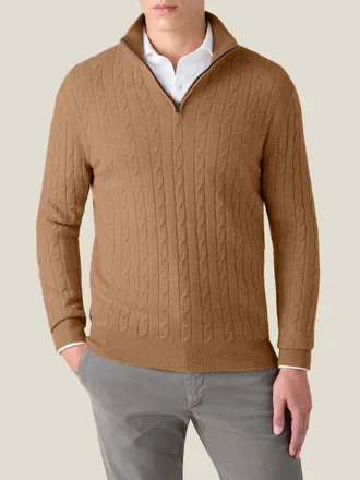 Luca Faloni Caramel Brown Cashmere (2-Ply) Cable Knit Zip-up