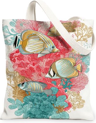 Generic Artistic Fish Canvas Tote Bags, Vintage Coral Pattern Reusable Grocery Bags, Lightweight Washable Shoulder Strap Canvas for, White, 13x15 Inch
