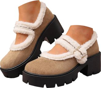 Generic Womens Ankle Boots Winter Mary Platform Boots - Warm Fleece Lined, Chunky Heel & Buckle Decor, Non-Slip Sole for Casual Daily & Street Style, Fashion 