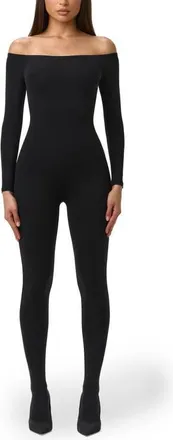 Naked Wardrobe Off the Shoulder Long Sleeve Stirrup Jumpsuit in Black at Nordstrom, Size X-Small