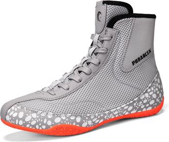 Generic Mens Boxing Shoes High Top Breathable Lace-Up Training Shoes for Boxing, Kickboxing, Gym & Sports Competition,Grey,9.5 UK