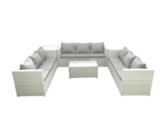 Fimous Rattan Garden Outdoor Furniture Set 9 Seater Garden Sofa Coffee Table Set with Side Table Light Grey Mixed