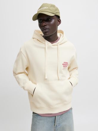 Jack & Jones Kapuzensweatshirt JACK & JONES JORMEADOWS SWEAT HOOD, Herren, Gr. L, weiss (antique wei&szlig;), angeraute Sweatware, Obermaterial: 100% Baumwolle, bedruckt