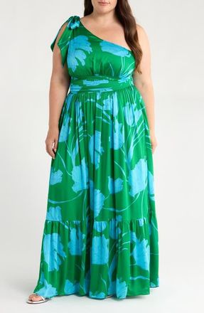 Sugarlips Sea Moss Floral Bayou One-Shoulder Satin Maxi Dress in Green/Blue/Multi at Nordstrom, Size 3 X
