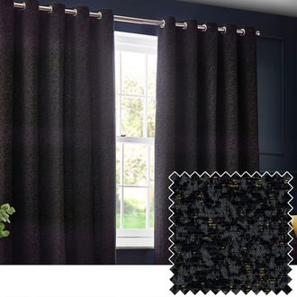 Riva Paoletti Galaxy Velvet Chenille Eyelet Curtain Pair in Black | Size: 229 cm width x 183 cm drop