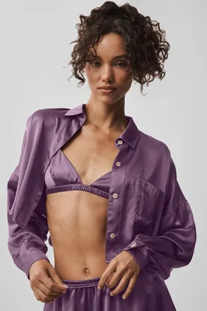 Alo | Silk Luminous Cropped Button Down Long Sleeve Underwear in Plum Kiss Purple, Size: Medium