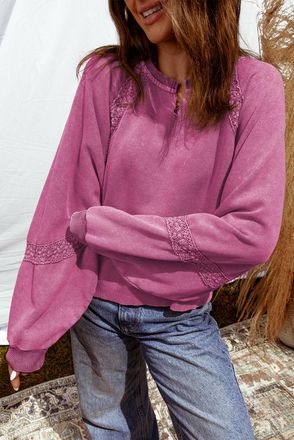 Azura Exchange Womens Lace Inset Long Sleeve Top - Fuschia Cotton - Size X-Large