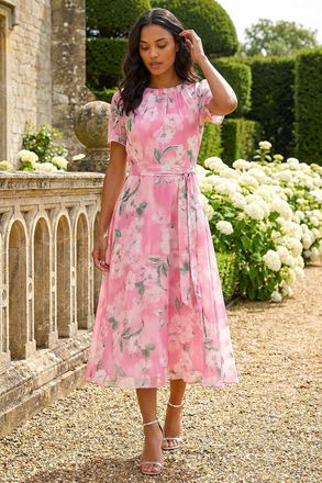 Roman Floral Print Pleat Neck Midi Dress
