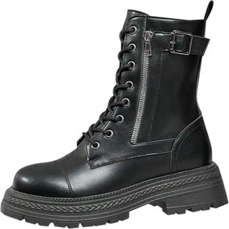 Generic Womens Combat Boots Chunky Platform Round Toe Ankle Boots PU Leather Lace-Up Side Zipper Stylish Lightweight Casual Shoes Women Autumn Winter size 4.5