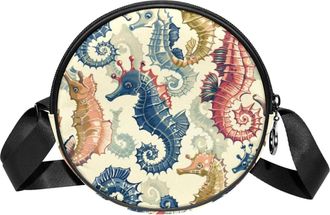 Generic Circle Crossbody Bag for Women, Seahorse Small Sling Bag Daypack with Zipper Adjustable Shoulder Straps Casual Ladies Girls Round Purse