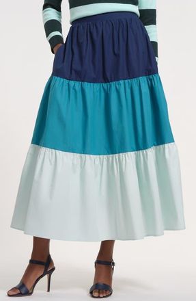 Isaac Mizrahi New York Tiered Stripe Cotton Midi Skirt in Teal Multi at Nordstrom, Size X-Large