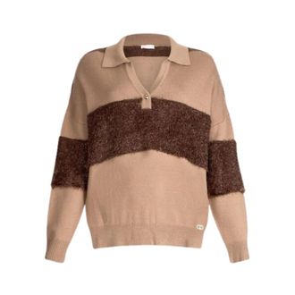 Liu Jo Striped Polo Sweater - Dames - V-hals truien - Bruin - L - Wol - Truien & Vesten