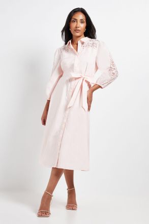 Wallis Womens Petite Occasion Cotton Cutwork Detail Shirt Dress - Pink - Size 18 UK