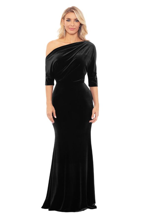 Womens Long Stretch Velvet One Off Shoulder Asymmetric Sleeve Gown, Black, 16