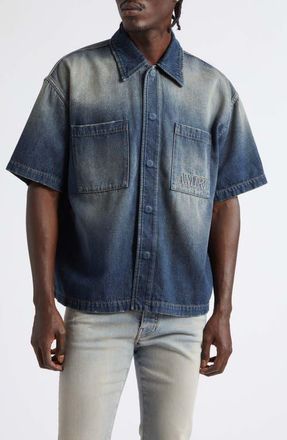 Amiri 3D Logo Short Sleeve Snap-Up Denim Shirt in Sandstone at Nordstrom, Size Xxx-Large