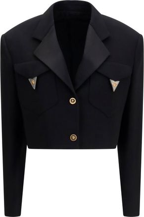 Versace Black Solid Peaked Lapel Blazer