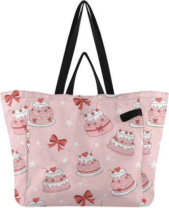 Generic Cake Bow Pink pattern Reusable Canvas Tote Bag, Heavy Duty Grocery Shopping Bag with Hard Bottom Large Capacity Double Handles Work Groceries Travel