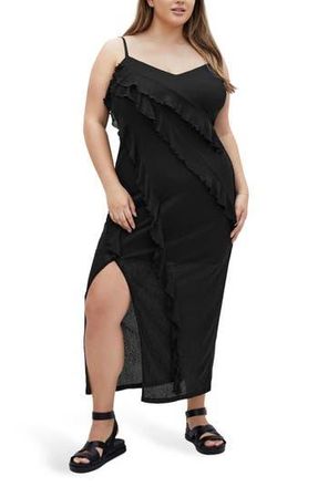 City Chic Shelby Ruffle Maxi Slipdress in Black at Nordstrom Rack, Size Xs/14W