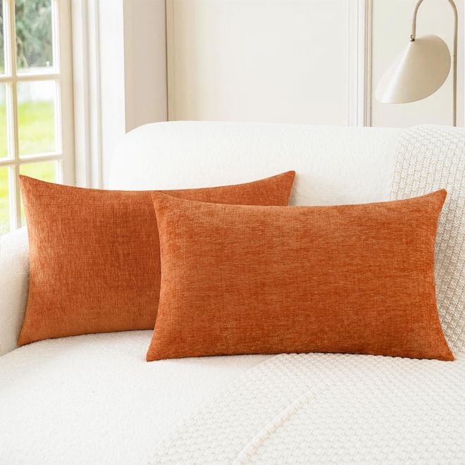 CaliTime Kissenbezug Aus Chenille – Beidseitig Bedruckt Mit Blättern, 45x45 Cm, Farbe: Ecru/Orange
