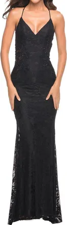 La Femme Lace Prom Dress with Illusion Embellished Sides in Black at Nordstrom, Size 10