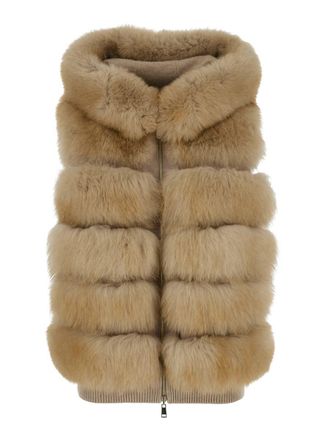 Suprema Beige Sleeveless Fur Jacket With Hood And Front Zip Closure In Fur Woman
