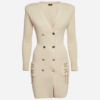 Elisabetta Franchi Beige Rib Knit Chain Detail Double Breasted Mini Dress