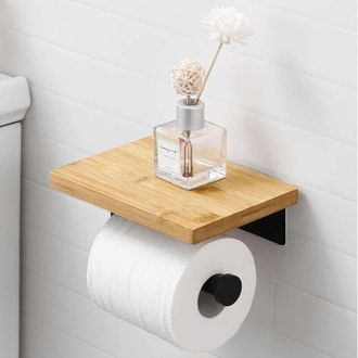 OEM Soporte Para Papel Higi&eacute;nico Adhesivo Negro Con Estante De Bamb&uacute;, Portarrollos, Soporte De Pared Sin Necesidad De Taladrar - Crezuo