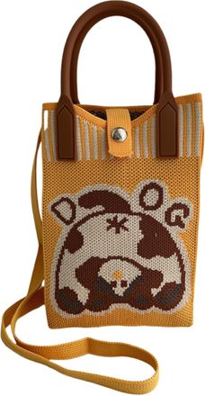 Generic Knitted Mobile Phone Crossbody Bag with Magnetic Buckle, Polyester Fiber Vertical Square Shoulder Bag, 12x18cm with 110cm Strap, Cartoon Design (yello