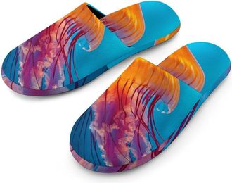 Generic Jellyfish with Orange Body Warm Mens Slippers Slip On Soft Fleece House Shoes Winter Indoor Outdoor