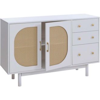 Hhg [NON UTILIZZATO] Credenza HHG-909, cassettiera armadietto, 3 cassetti vani portaoggetti, polyrattan MDF melamina 80x120x40cm, bianco