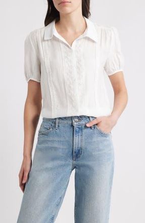 Bobeau Eyelet Detail Short Sleeve Button-Up Shirt in White at Nordstrom Rack, Size X-Large