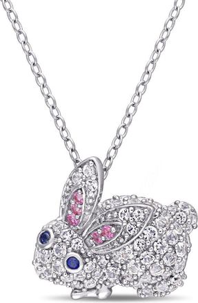 Amour 1 1/10 CT TGW Created Pink and White and Blue Sapphire Bunny Necklace In Sterling Silver
