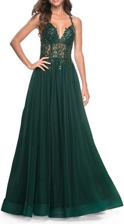 La Femme Tulle A-Line Gown with Sheer and Beaded Lace Detail in Dark Emerald at Nordstrom, Size 6