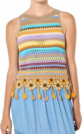Apricot Tassel Crochet Top In Brown Multi