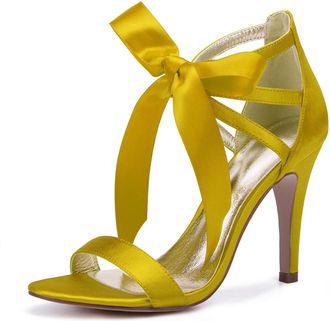 Generic Wedding Bridal Shoes Women Peep Toe High Heels Sandals Wedding Stain Evening Dress Stiletto Shoes 10.5Cm,Yellow,9 UK