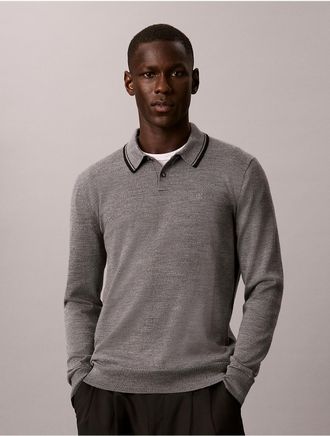 Calvin Klein Mens Extra Fine Merino Tipping Polo Sweater - Grey - 2XL