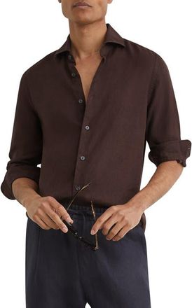 Reiss Ruban Solid Linen Button-Up Shirt in Chocolate Brown at Nordstrom, Size Xx-Large