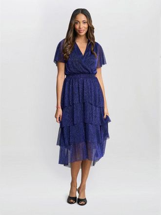 Gina Bacconi Womens Cheri Metallic Knit Tiered Dress - Blue - Size 10 UK