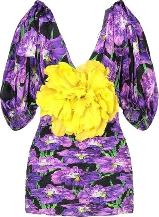 Gucci Purple Silk Dress with Yellow Corsage Flower Size S