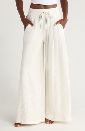 Free People Wait a Minute Drawstring Cotton Wide Leg Pants in Oatmeal Heather Combo at Nordstrom, Size X-Large