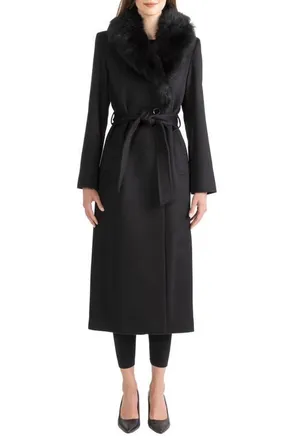 Sofiacashmere Wool & Cashmere Longline Coat with Genuine Shearling Trim in 001Blk at Nordstrom, Size 10