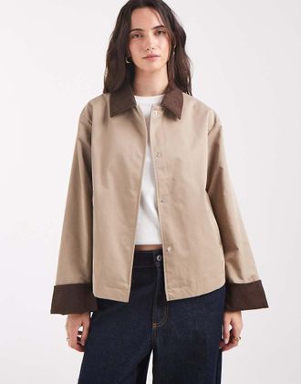 Pieces trench corto con colletto in corduroy dettaglio in beige-Neutro