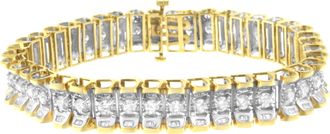 House of Brilliance 14K Yellow and White Gold 5.0 Cttw Round & Baguette Cut Diamond 7 Reflective Tennis Bracelet