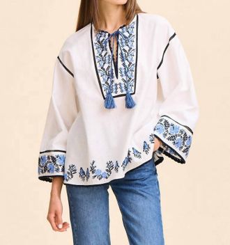 Mille Angelica Tassel Tie Top In Santorini Embroidery
