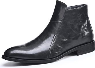 Generic Mens Pointed Toe Casual Ankle Boots Flat Heel Office Dress Shoes PU Leather Short Boot with Side Zipper,Black Velvet Lining,6.5 UK