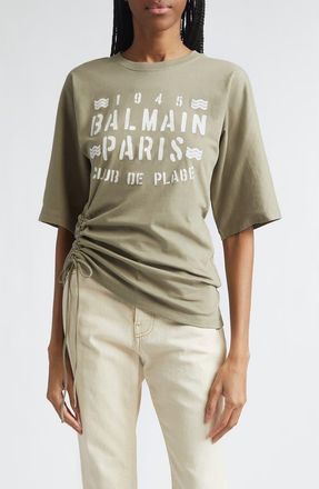 Balmain Club 45 Ruched Graphic T-Shirt in Uja Pale Green/Multi at Nordstrom, Size X-Large