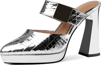 TinaCus Glossy Genuine Leather Womens Pointed Toe Handmade Platform High Heels Sandals Slippers, Silver, 4.5 UK