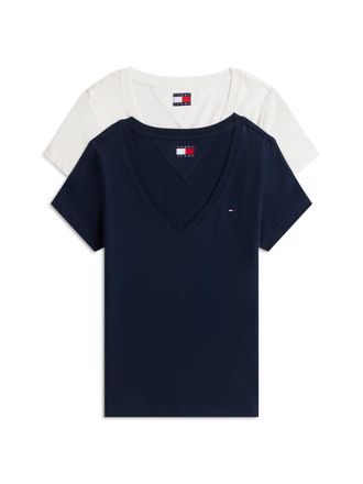 Tommy Jeans T-Shirt TOMMY JEANS TJW 2PACK V-NECK TEE, Damen, Gr. XL (42), blau (ecru, schwarz night navy), Jersey, Obermaterial: 100% Baumwolle, unifarben, regula