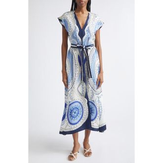 Reiss Heidi Scarf Print Belted Midi Dress in Ivory/blue at Nordstrom, Size 10