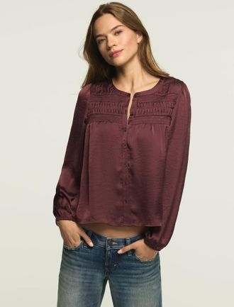 Lucky Brand Womens Long Sleeve Satin Pintuck Blouse